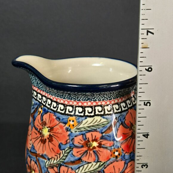 Polish Pottery UNIKAT Jungle Flower Small Stoneware Pitcher w Floral Design 6" - Picture 7 of 9